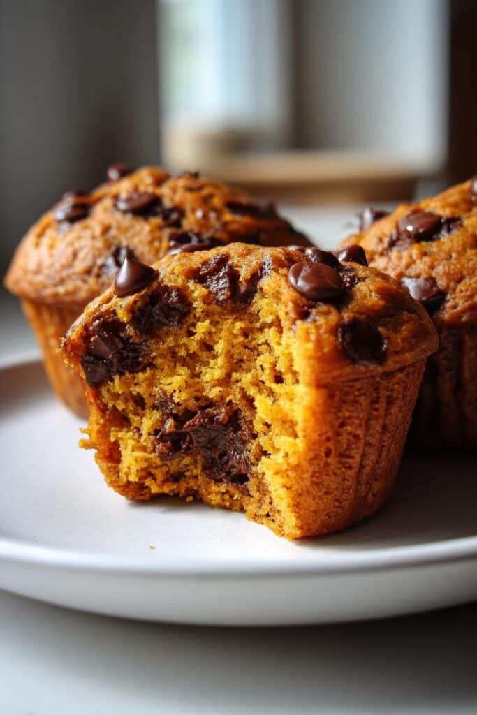 Cozy Up With These Delicious Pumpkin Chocolate Chip Muffins Chocolate chip muffins on a white plate, with one muffin partially eaten, showcasing a moist, fluffy texture. | Sky Rye Design Chocolate chip muffins on a white plate, with one muffin partially eaten, showcasing a moist, fluffy texture.
