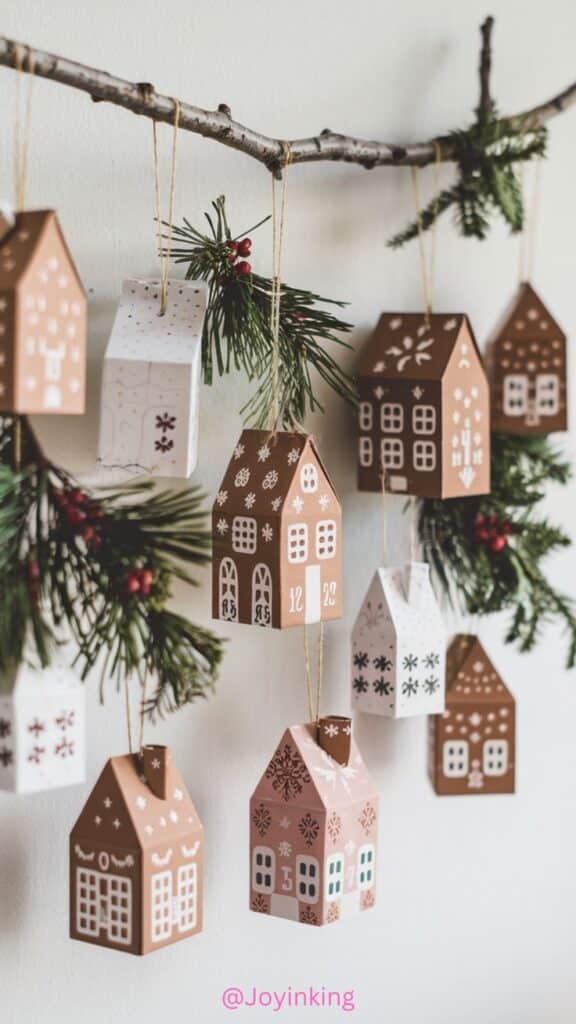 Cozy Up Your Christmas with This Adorable DIY Gingerbread House Advent Calendar Hanging paper house ornaments with holiday designs on a branch with pine leaves and berries. | Sky Rye Design Hanging paper house ornaments with holiday designs on a branch with pine leaves and berries.