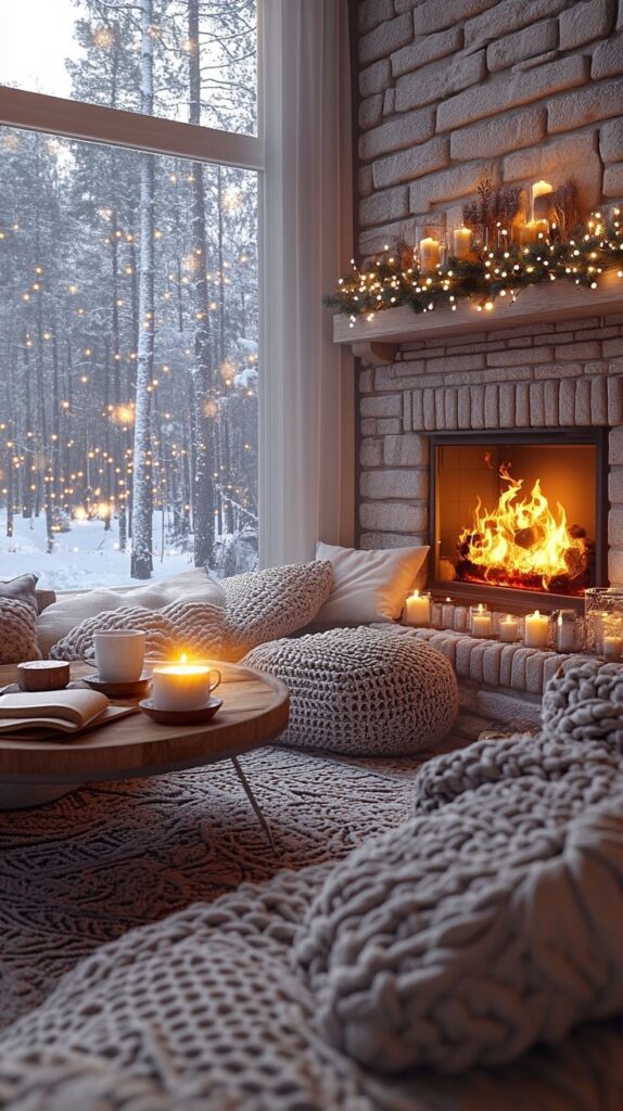 Cozy Up Your Space with Winter Home Decor Cozy winter living room with a fireplace, knit blankets, candles, and snow outside. Warm and inviting atmosphere. | Sky Rye Design Cozy winter living room with a fireplace, knit blankets, candles, and snow outside. Warm and inviting atmosphere.