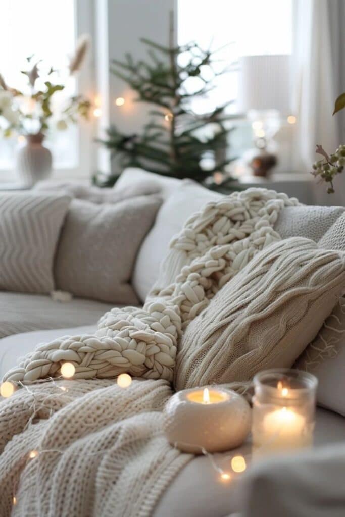Cozy Winter Sofa Ideas Cozy living room with knit blankets, candles, and holiday lights, creating a warm, inviting atmosphere. | Sky Rye Design Cozy living room with knit blankets, candles, and holiday lights, creating a warm, inviting atmosphere.