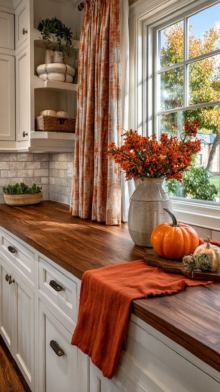 Cozy fall cooking area with rust colored seating and porcelain cabinets Cozy kitchen with autumn decor, featuring a pumpkin, vase of orange berries, and rustic wooden countertop. | Sky Rye Design Cozy kitchen with autumn decor, featuring a pumpkin, vase of orange berries, and rustic wooden countertop.