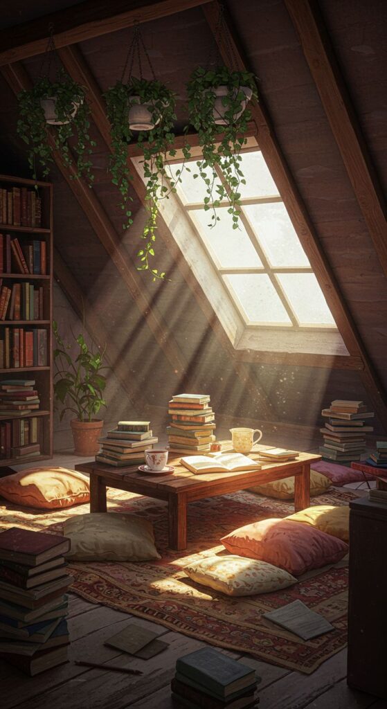 Cozy room wallpaper Cozy attic reading nook with sunlight, books, plants, and cushions, creating a tranquil and inviting atmosphere. | Sky Rye Design Cozy attic reading nook with sunlight, books, plants, and cushions, creating a tranquil and inviting atmosphere.