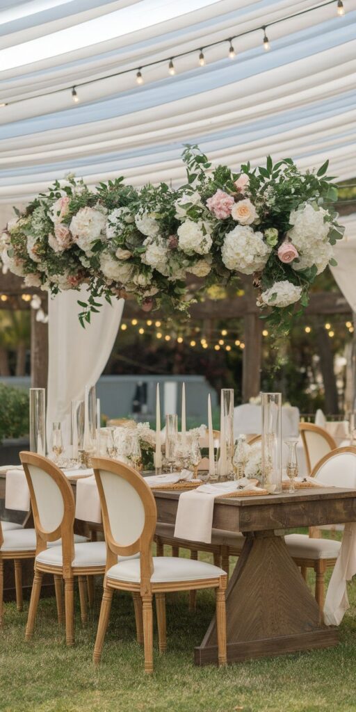 Elegant outdoor wedding reception with floral arrangements, white drapery, and a beautifully set dining table.