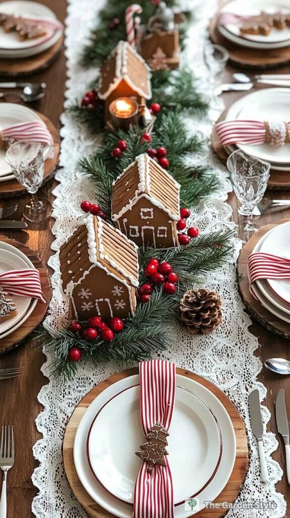 Festive holiday table setting with gingerbread houses, pine branches, and red berries.