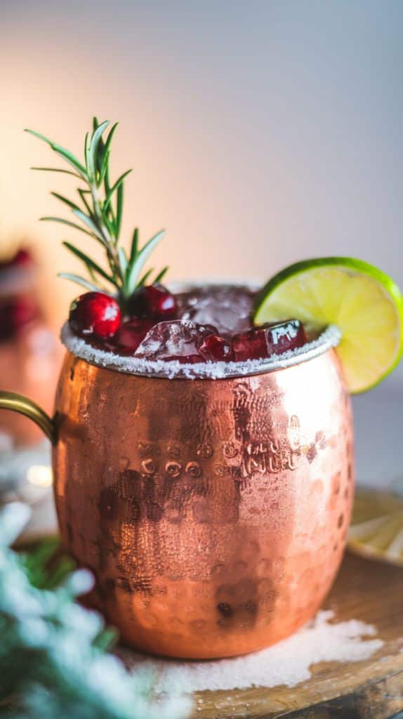 Festive cocktail in a copper mug garnished with rosemary, cranberries, and a lime slice.