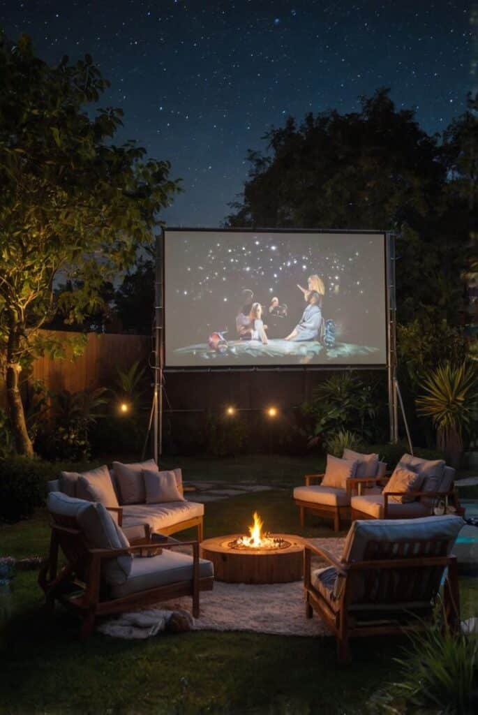 Outdoor movie night in a cozy garden setup with a fire pit, comfy chairs, under a starry sky.