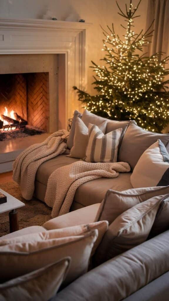 Create a Cozy Winter Wonderland Living Room 🌲✨ Cozy living room with a lit fireplace, comfy sofa, and a glowing Christmas tree for a warm holiday ambiance. | Sky Rye Design Cozy living room with a lit fireplace, comfy sofa, and a glowing Christmas tree for a warm holiday ambiance.