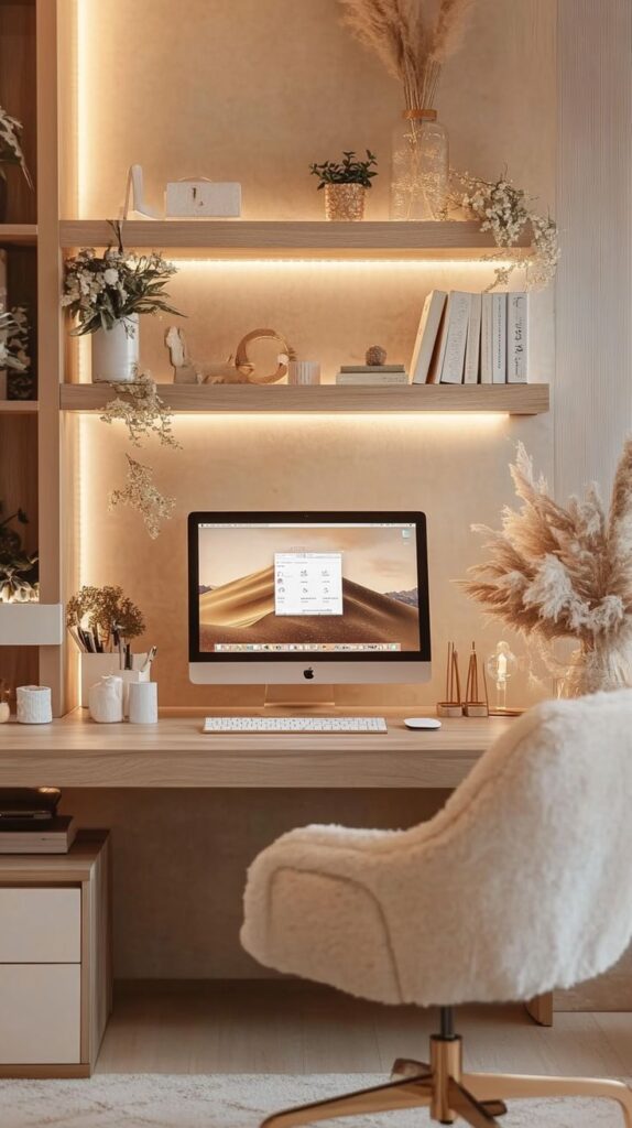 Cozy home office with a computer, decorative shelves, and a plush chair in warm, ambient lighting.
