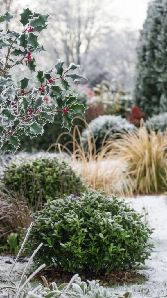 Frost-covered garden with holly and evergreen bushes in winter landscape.