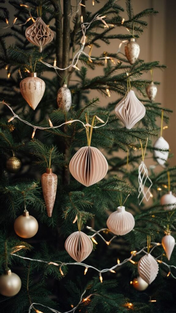 Creative Budget-Friendly Holiday Decor Ideas 🌟 Elegant Christmas tree adorned with beige and gold ornaments and warm string lights. Festive holiday decor. | Sky Rye Design Elegant Christmas tree adorned with beige and gold ornaments and warm string lights. Festive holiday decor.