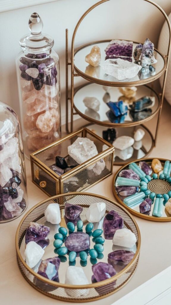 Assorted colorful crystals and gemstones displayed on tiered trays for decoration and healing purposes.