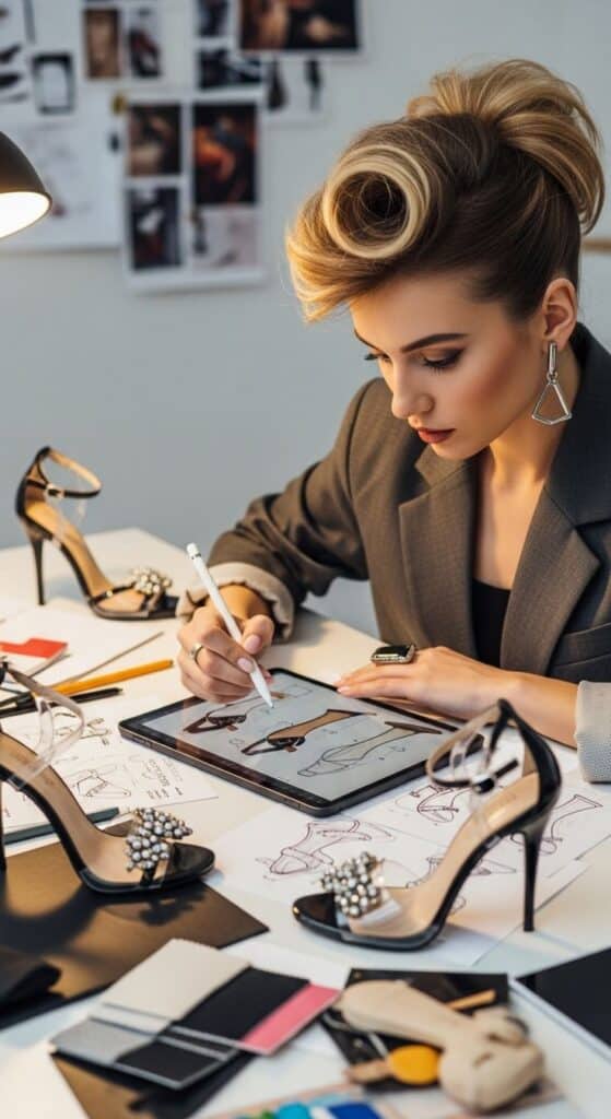 Creative Fashion Designer at Work Fashion designer sketching elegant high heels on tablet in a creative workspace. | Sky Rye Design Fashion designer sketching elegant high heels on tablet in a creative workspace.