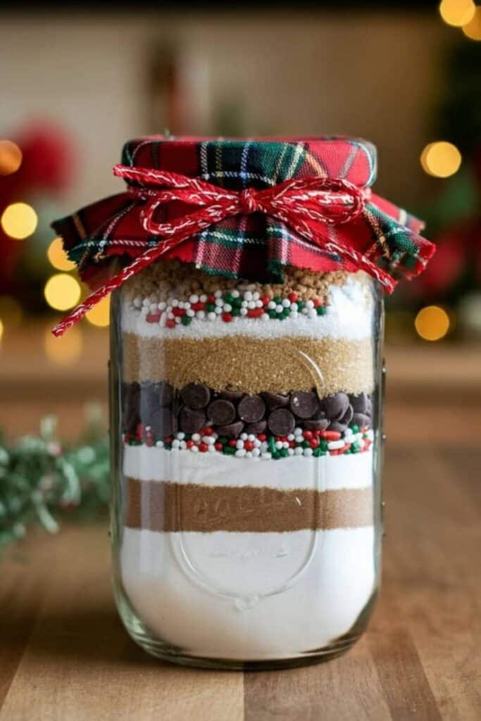 Festive cookie mix in a jar with a plaid lid, layered ingredients on display, tied with a red bow. Perfect holiday gift.