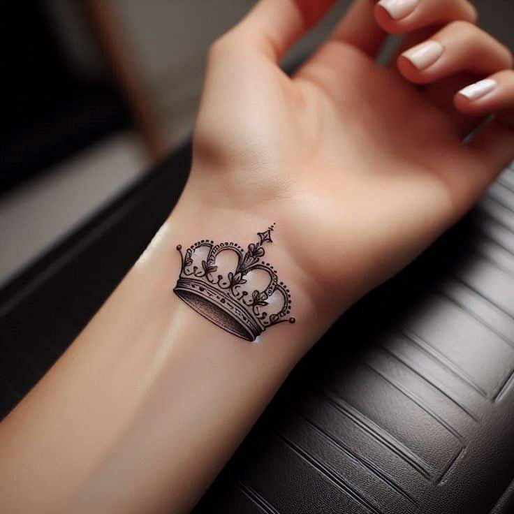 Crown Tattoo Design Ornate crown tattoo on inner wrist, close-up view of elegant design on skin. | Sky Rye Design Ornate crown tattoo on inner wrist, close-up view of elegant design on skin.