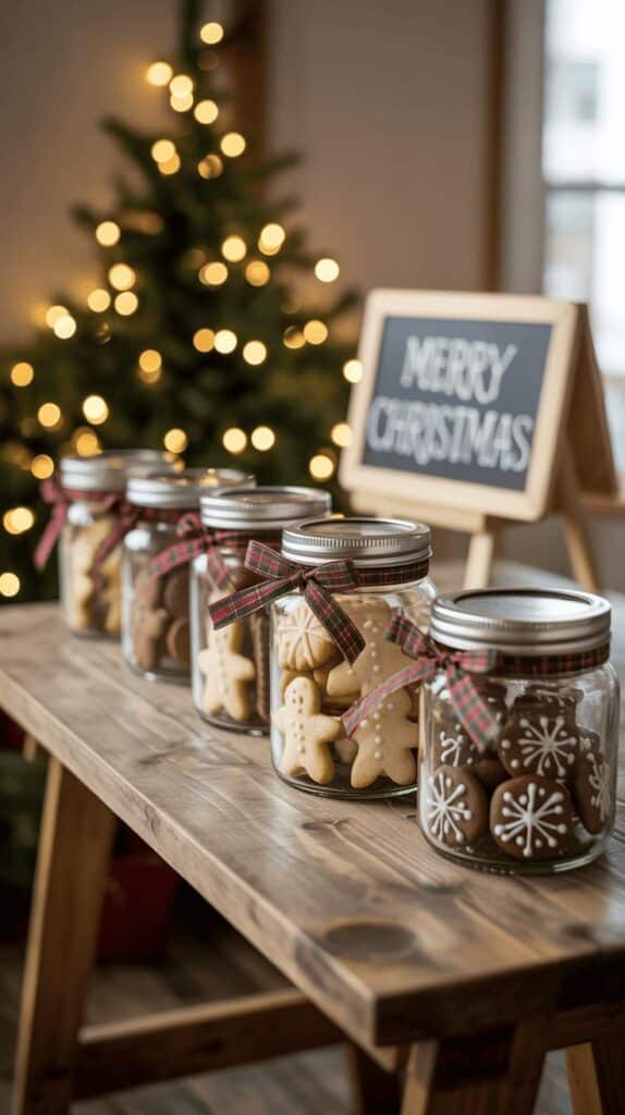 Jars of festive Christmas cookies with tree and Merry Christmas sign in the background.