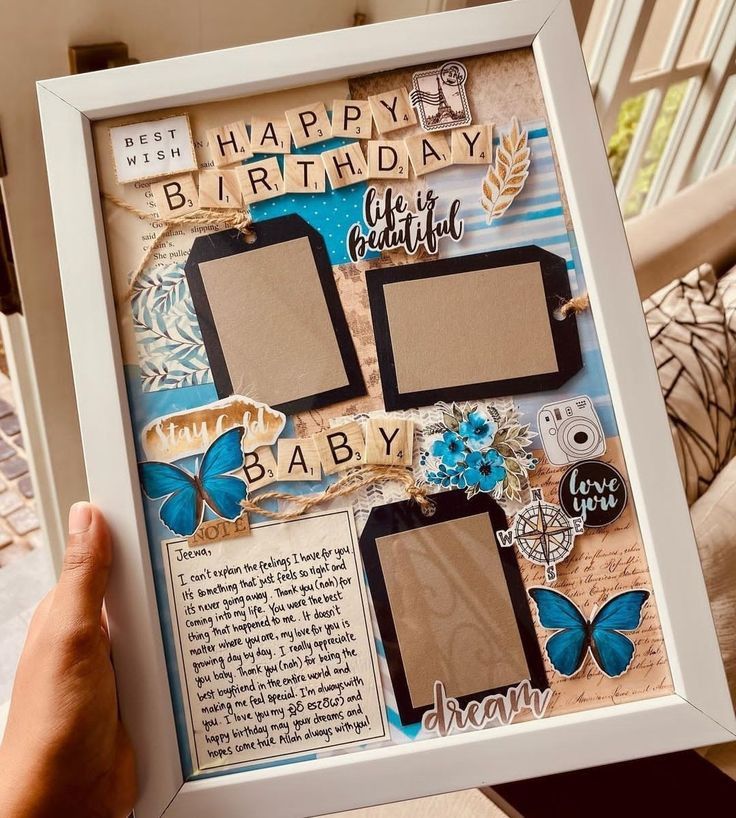 Cute frame😍 Birthday collage frame with butterfly decorations, blank photo slots, and cheerful messages like Happy Birthday Baby. | Sky Rye Design Birthday collage frame with butterfly decorations, blank photo slots, and cheerful messages like Happy Birthday Baby.