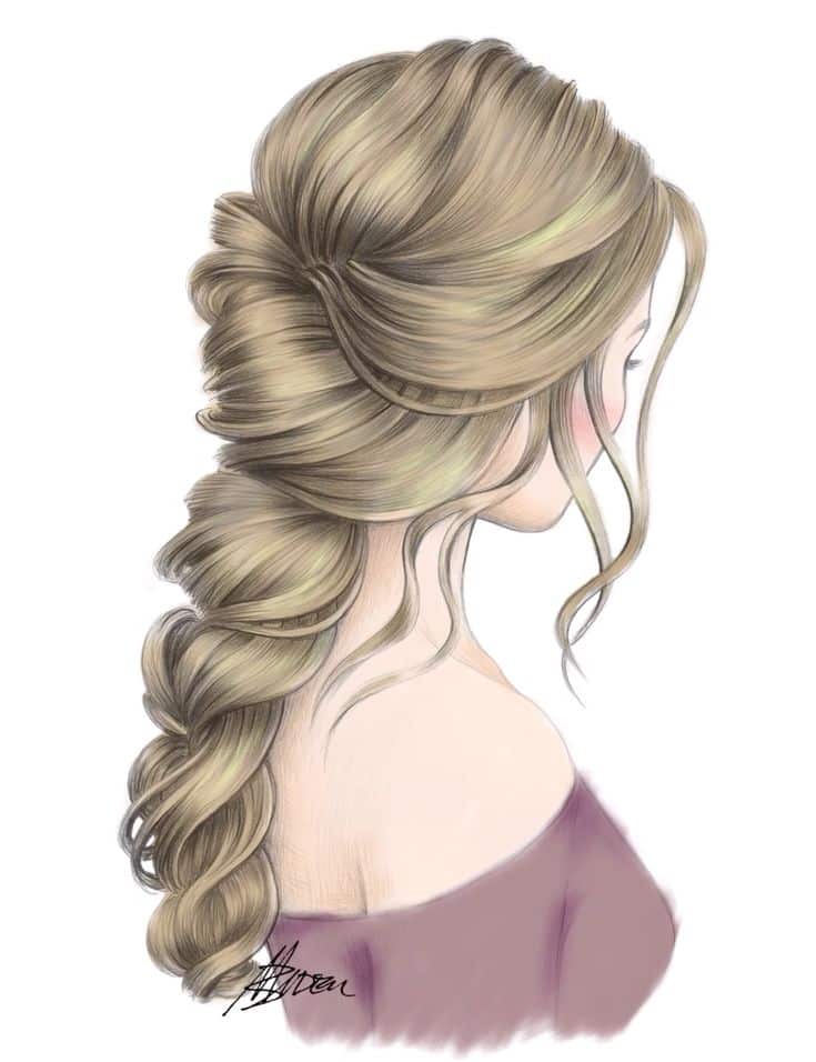 Illustrated woman with elegant braided hairstyle showcasing soft waves, side profile, wearing an off-the-shoulder top.