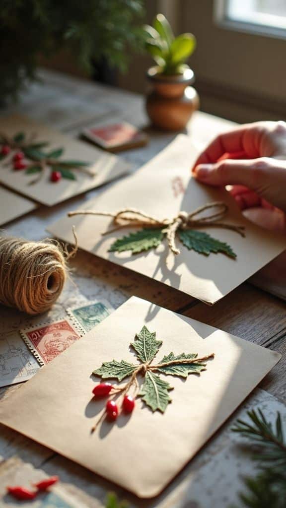 Hand crafting holiday cards with leaves and berries, decorated with twine on a rustic wooden table.