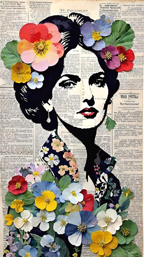 Collage of a woman with colorful flowers as hair, set against a vintage newspaper background.