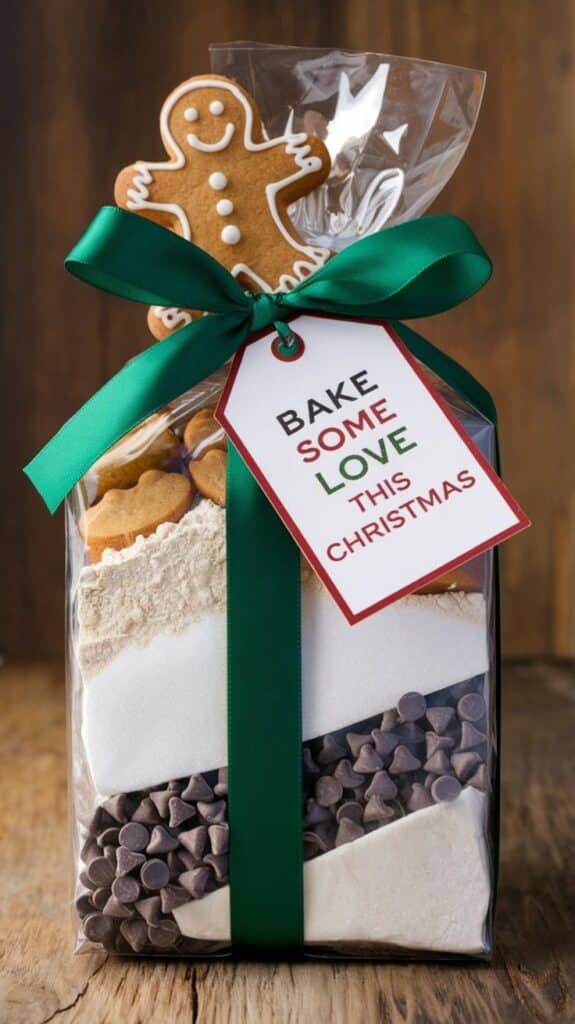 Christmas baking gift with gingerbread, chocolate chips, and tag: Bake some love this Christmas.