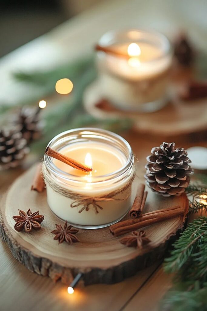 DIY Festive Scented Candles Rustic cinnamon-scented candle with pinecones and star anise on a wooden platter, creating a cozy atmosphere. | Sky Rye Design Rustic cinnamon-scented candle with pinecones and star anise on a wooden platter, creating a cozy atmosphere.