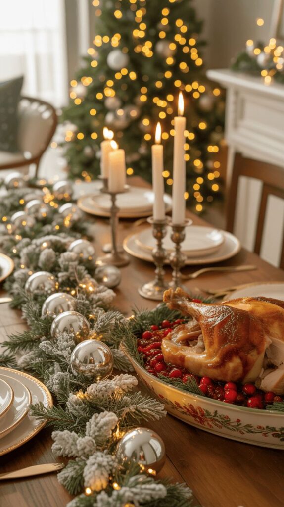 Festive holiday dinner table with roasted turkey, candles, and Christmas tree in the background.