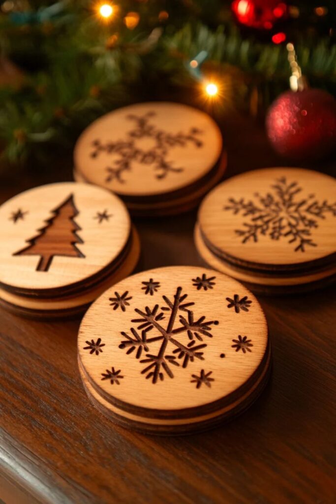 DIY Holiday-Themed Coasters for Your Table Wooden coasters with festive designs, including snowflakes and a tree, on a table near Christmas lights. | Sky Rye Design Wooden coasters with festive designs, including snowflakes and a tree, on a table near Christmas lights.