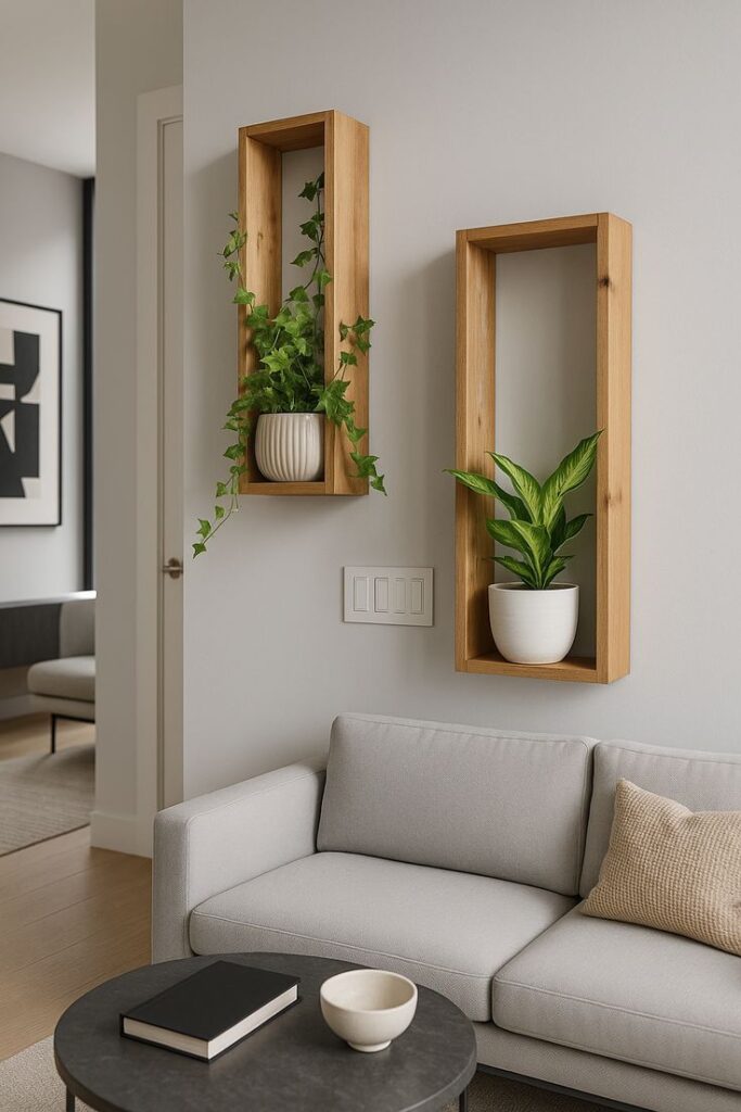 DIY Home Decor Ideas 1 Minimalist living room with gray sofa, wall-mounted wooden shelves, and potted plants for a modern touch. | Sky Rye Design Minimalist living room with gray sofa, wall-mounted wooden shelves, and potted plants for a modern touch.