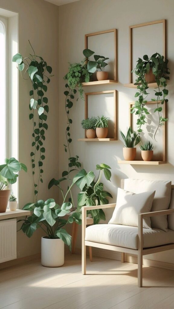 DIY Home Decor Ideas 2 Cozy room with sunlight, lush green indoor plants, wooden shelves, and a cushioned wooden chair for relaxation. | Sky Rye Design Cozy room with sunlight, lush green indoor plants, wooden shelves, and a cushioned wooden chair for relaxation.