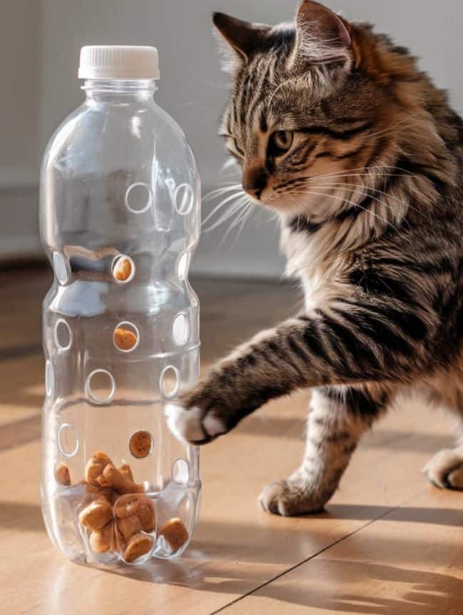 DIY Homemade Cat Toys from Household Items Your Cat playing with DIY treat puzzle in a plastic bottle for enrichment and fun indoors. | Sky Rye Design Cat playing with DIY treat puzzle in a plastic bottle for enrichment and fun indoors.