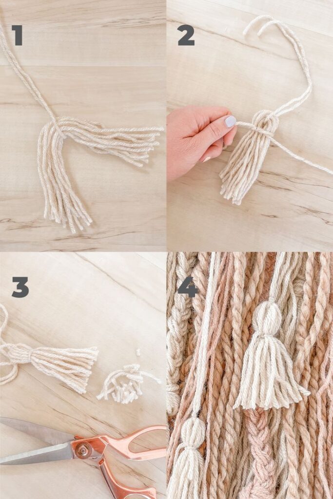 DIY Large Braided Yarn Boho Wall Hanging - mikyla DIY tassel tutorial: Step-by-step guide to making decorative yarn tassels with scissors and natural fibers. | Sky Rye Design DIY tassel tutorial: Step-by-step guide to making decorative yarn tassels with scissors and natural fibers.