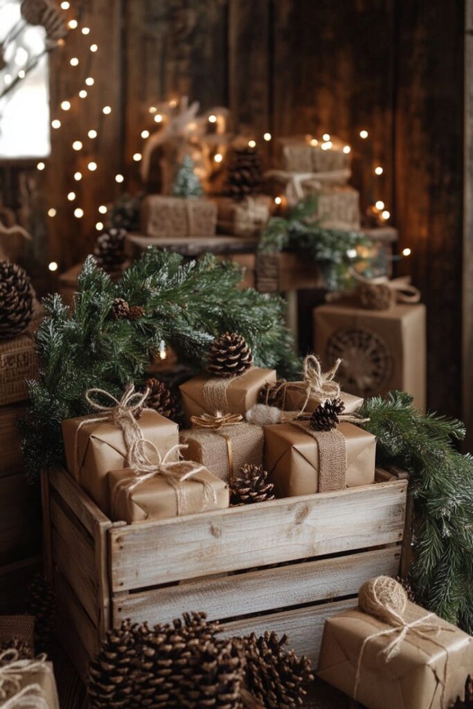 Rustic holiday decor with wrapped gifts, pinecones, greenery, and warm lights in a wooden setting.