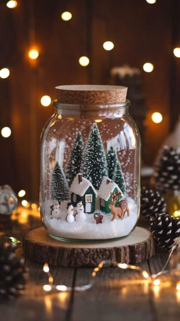 DIY Snow Globe Terrarium_ Cozy Decor for the Holidays 🌲🎁 Snowy winter scene in a jar with trees, snowmen, and a deer, lit by warm fairy lights in a cozy setting. | Sky Rye Design Snowy winter scene in a jar with trees, snowmen, and a deer, lit by warm fairy lights in a cozy setting.