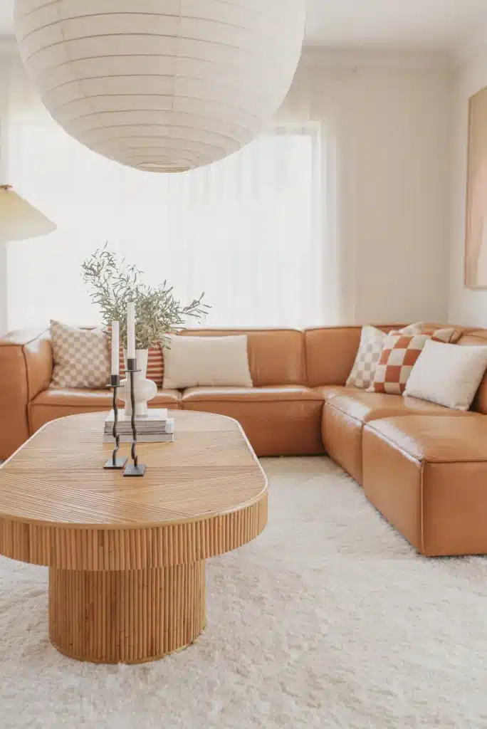 | Sky Rye Design Modern living room with tan leather sectional, wood coffee table, cozy pillows, and large paper lantern.