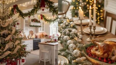 Festive holiday kitchen with Christmas tree and elegant table setting featuring candles and roasted turkey dinner.