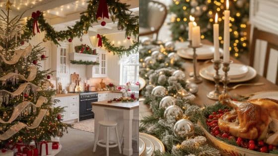 Deck the Halls with Ease Simple Decorating Ideas Festive holiday kitchen with Christmas tree and elegant table setting featuring candles and roasted turkey dinner. | Sky Rye Design Festive holiday kitchen with Christmas tree and elegant table setting featuring candles and roasted turkey dinner.
