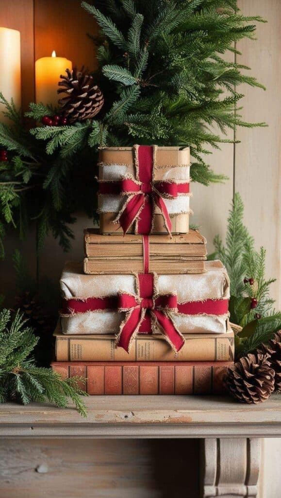 Decor de Craciun cu ramuri de brad Rustic Christmas decor: Wrapped gifts and books with red ribbons, surrounded by candles and pine branches. | Sky Rye Design Rustic Christmas decor: Wrapped gifts and books with red ribbons, surrounded by candles and pine branches. Christmas decorations
