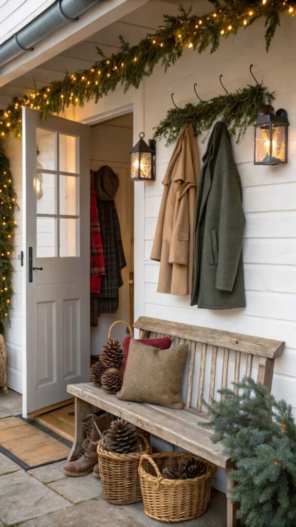 Decorated house entrance Cozy porch with holiday decor: coats, bench, lights, pinecones, and greenery create a warm festive atmosphere. | Sky Rye Design Cozy porch with holiday decor: coats, bench, lights, pinecones, and greenery create a warm festive atmosphere.
