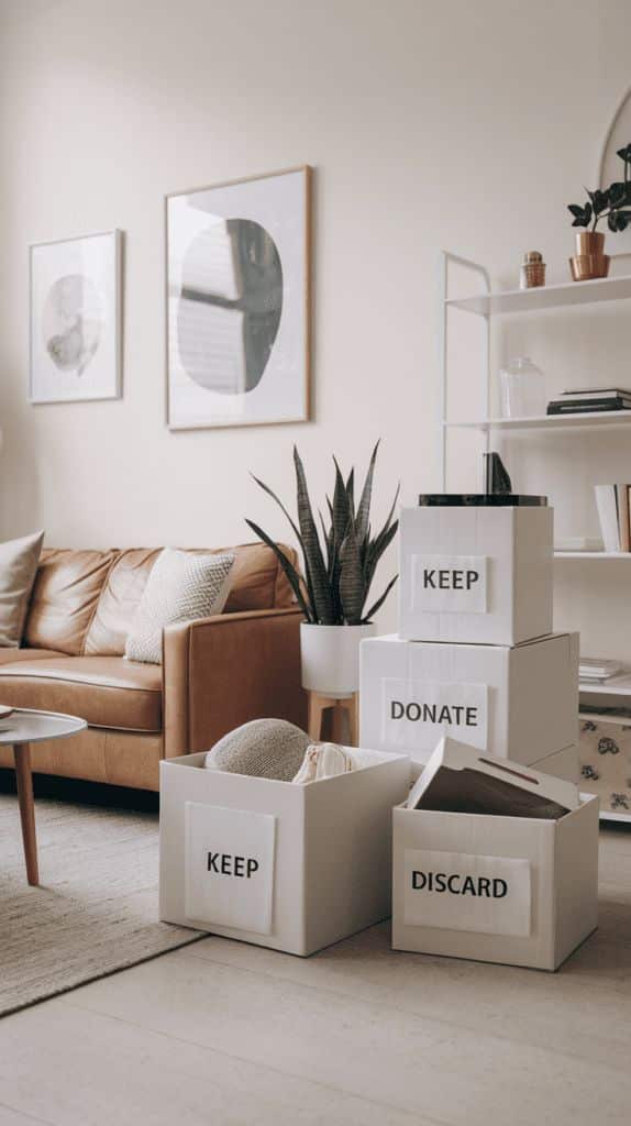 Stacked boxes labeled Keep, Donate, and Discard in a minimalist living room, featuring a brown sofa and decor.