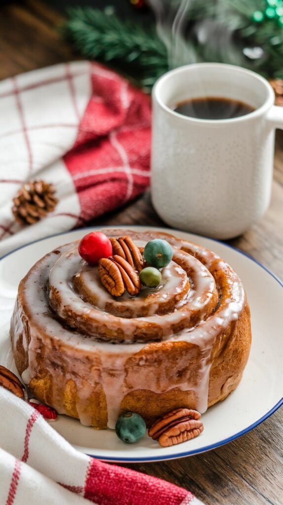 Warm cinnamon roll with icing and pecans, served with a steaming cup of coffee on a cozy holiday table setting.