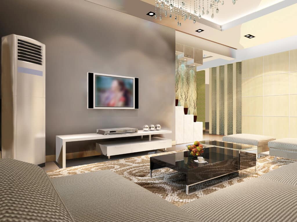 Depositphotos_147854277_XL Modern living room with stylish decor, flat-screen TV, glass coffee table, and staircase in contemporary home. | Sky Rye Design Modern living room with stylish decor, flat-screen TV, glass coffee table, and staircase in contemporary home.