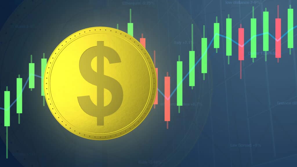 Depositphotos_476146596_XL Gold dollar sign with green and red candlestick chart on a blue background, symbolizing financial market trends. | Sky Rye Design Gold dollar sign with green and red candlestick chart on a blue background, symbolizing financial market trends.