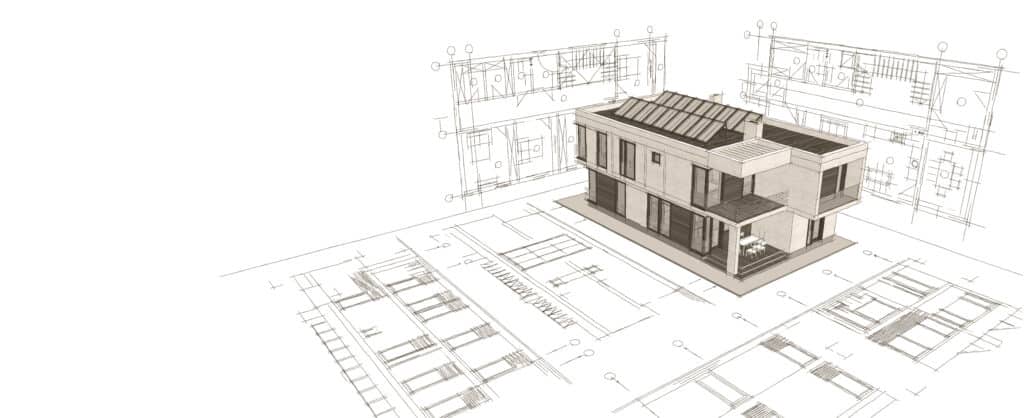3D architectural model of a modern house with technical blueprints in the background.
