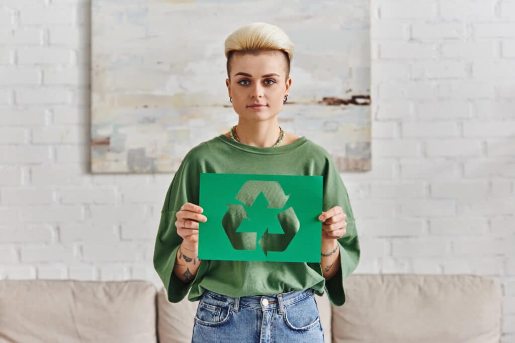 Depositphotos_661656932_XL Person holding a green recycling symbol poster indoors, promoting sustainability and eco-friendly practices. | Sky Rye Design Person holding a green recycling symbol poster indoors, promoting sustainability and eco-friendly practices.