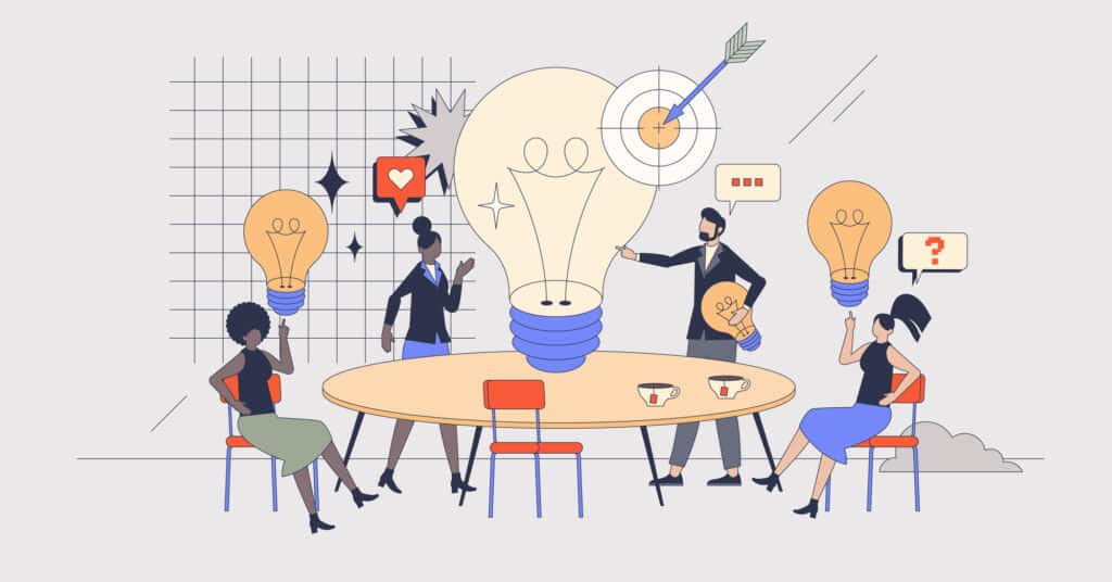 Creative brainstorming and new idea generation retro tiny person concept Team brainstorming around table with giant lightbulbs and idea icons, symbolizing creativity and innovation. | Sky Rye Design Team brainstorming around table with giant lightbulbs and idea icons, symbolizing creativity and innovation.