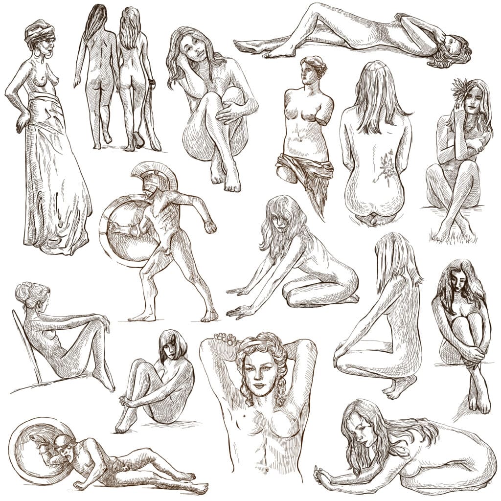 Sketches of classical figures and nudes in various poses, highlighting art and human form.