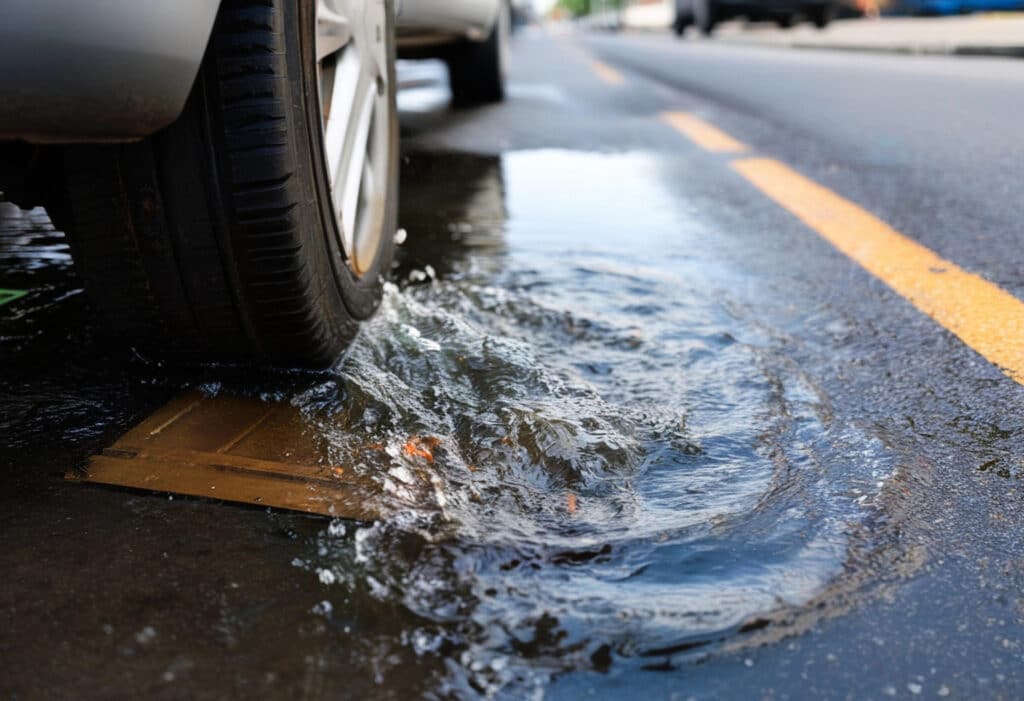 Depositphotos_800395608_XL Car tire rolling through a puddle on a wet road, causing water splashes near a yellow line. | Sky Rye Design Car tire rolling through a puddle on a wet road, causing water splashes near a yellow line.