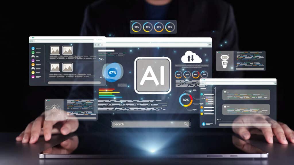 Person interacting with AI holograms, showcasing data analytics and cloud technology on a digital interface.