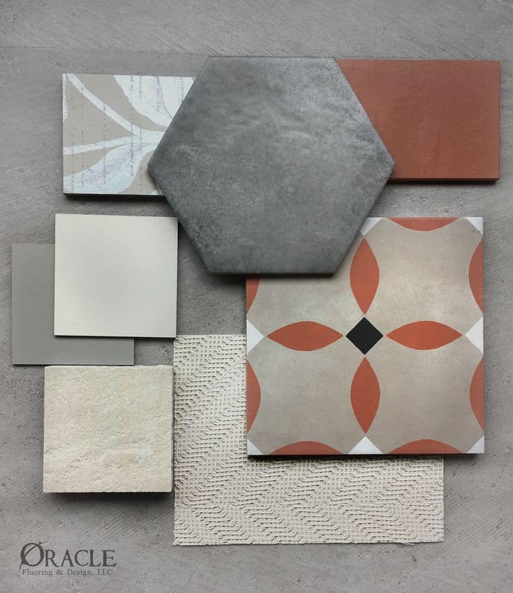 Desert Rose Flat Lay Various tiles arranged in a flat lay, featuring hexagonal, textured, and patterned designs for flooring and decor. | Sky Rye Design Various tiles arranged in a flat lay, featuring hexagonal, textured, and patterned designs for flooring and decor.