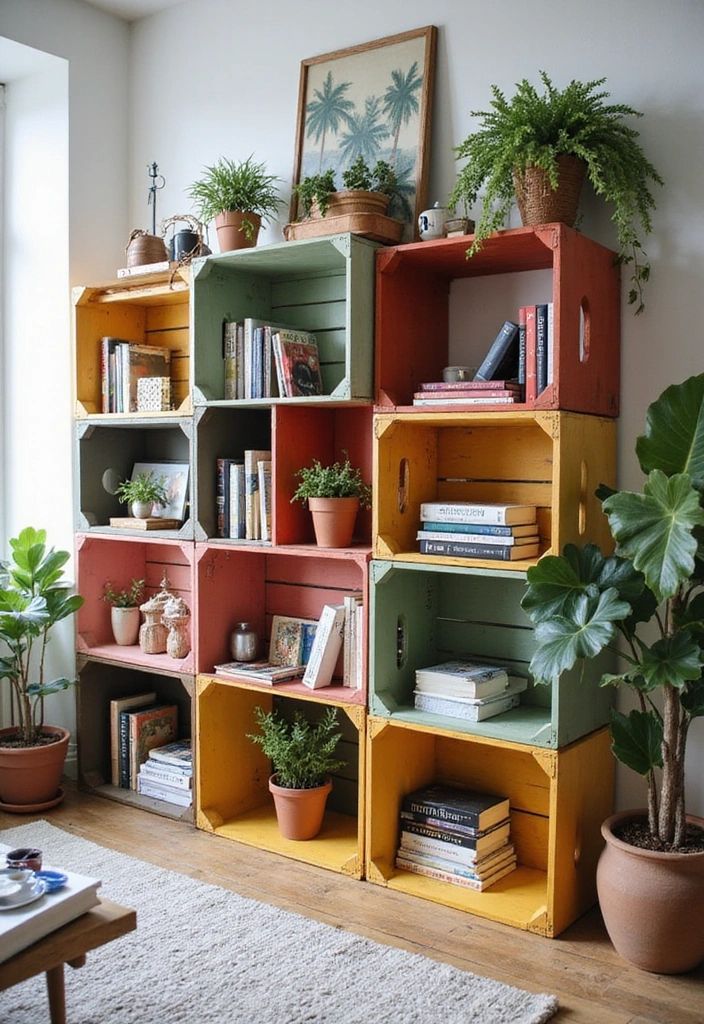 Design Stylish Shelving with Upcycled Wood 1 Colorful DIY crate bookshelf with potted plants and books, adding rustic charm to a cozy living room corner. | Sky Rye Design Colorful DIY crate bookshelf with potted plants and books, adding rustic charm to a cozy living room corner.